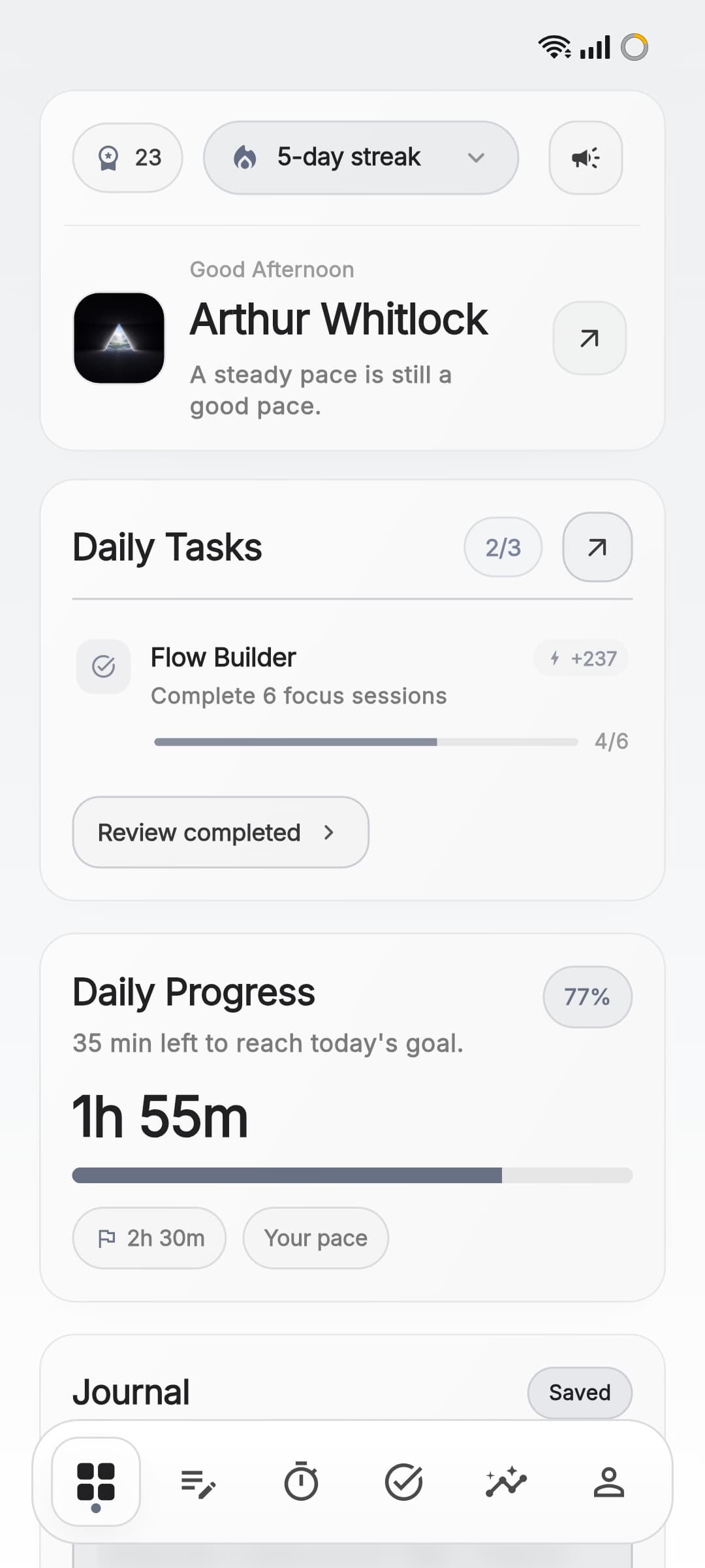 Aura dashboard showing daily progress and calm momentum