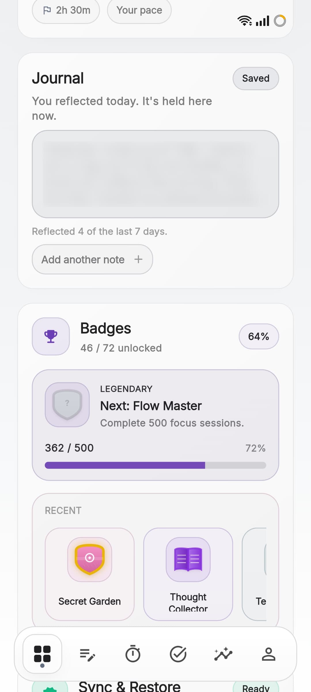 Aura dashboard with progress, reflection, and daily cards