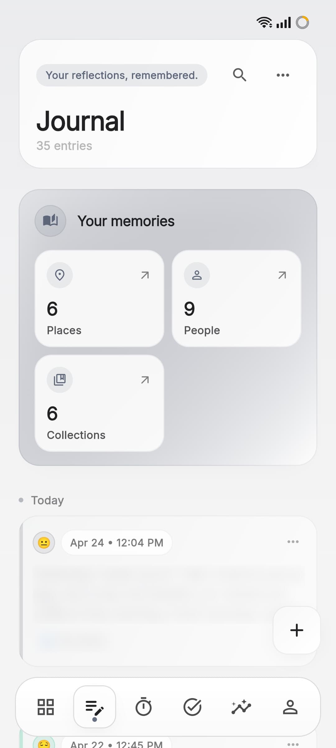 Aura journal home with entries and reflection tools