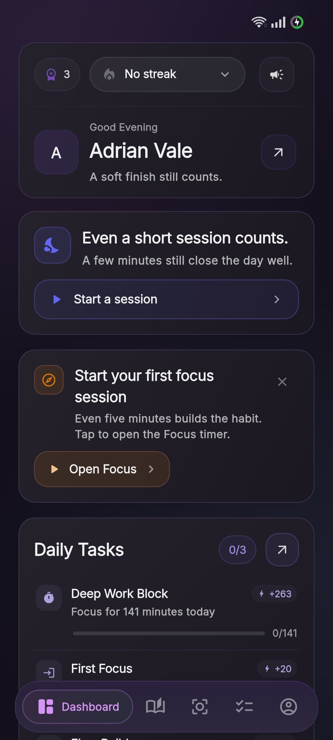 Aura dashboard showing daily progress and calm momentum