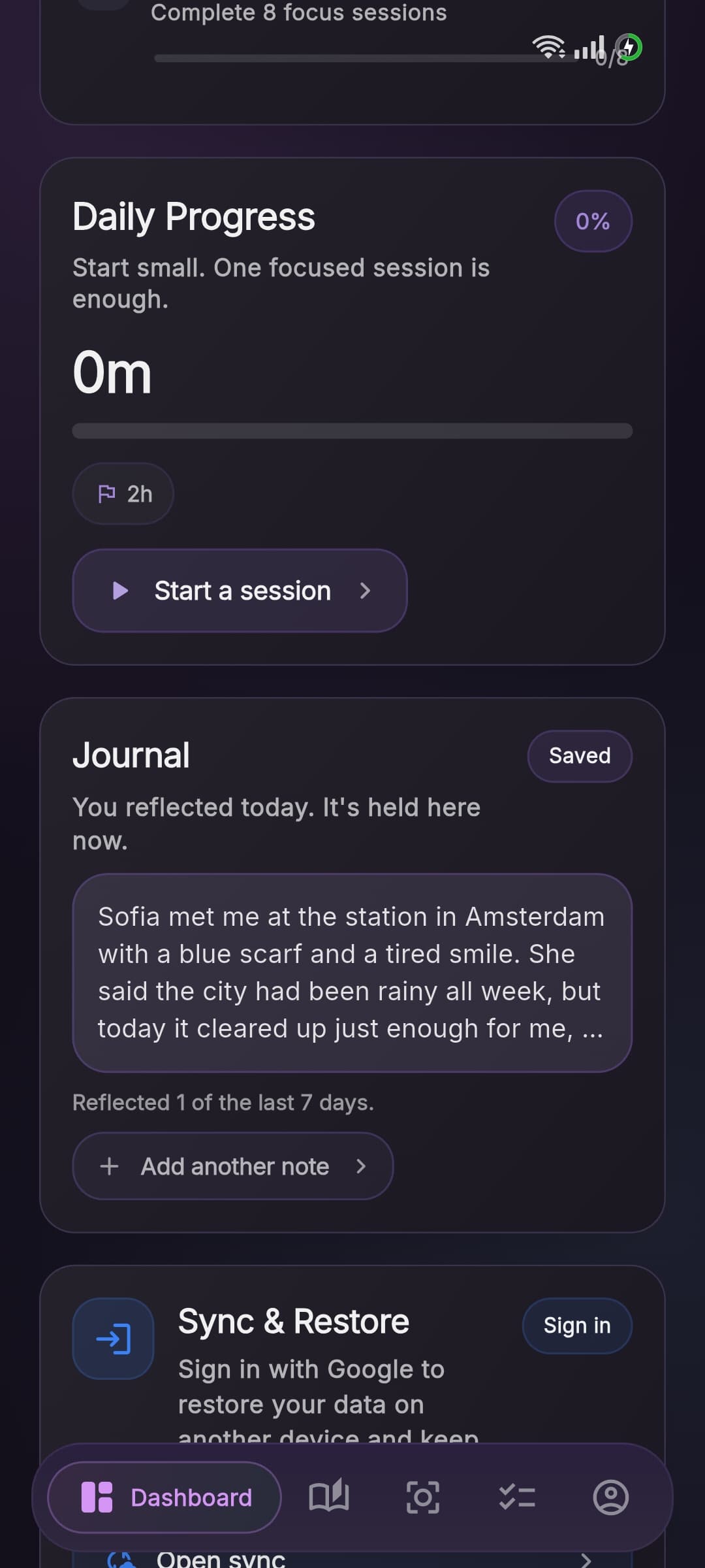 Aura dashboard with progress, reflection, and daily cards
