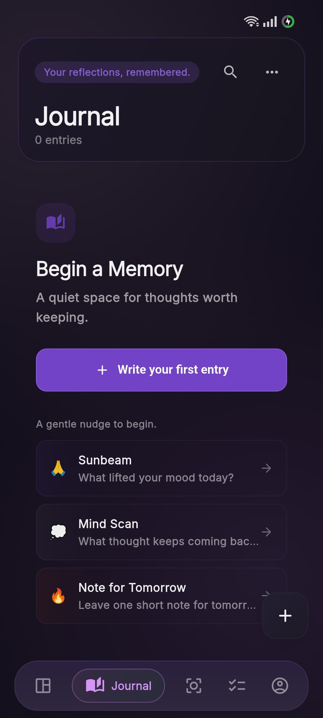 Aura journal home with entries and reflection tools