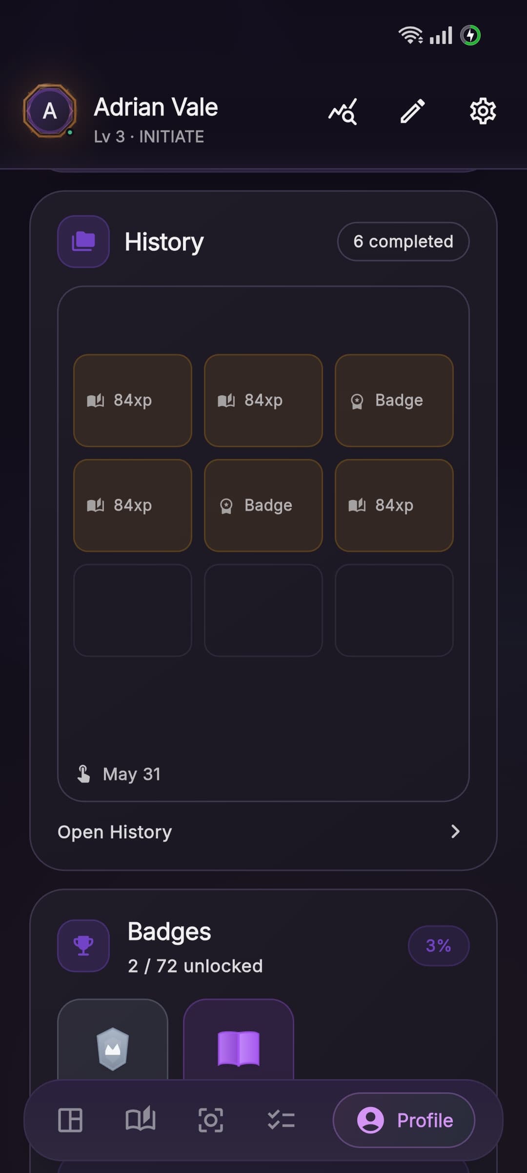 Aura profile badges and history