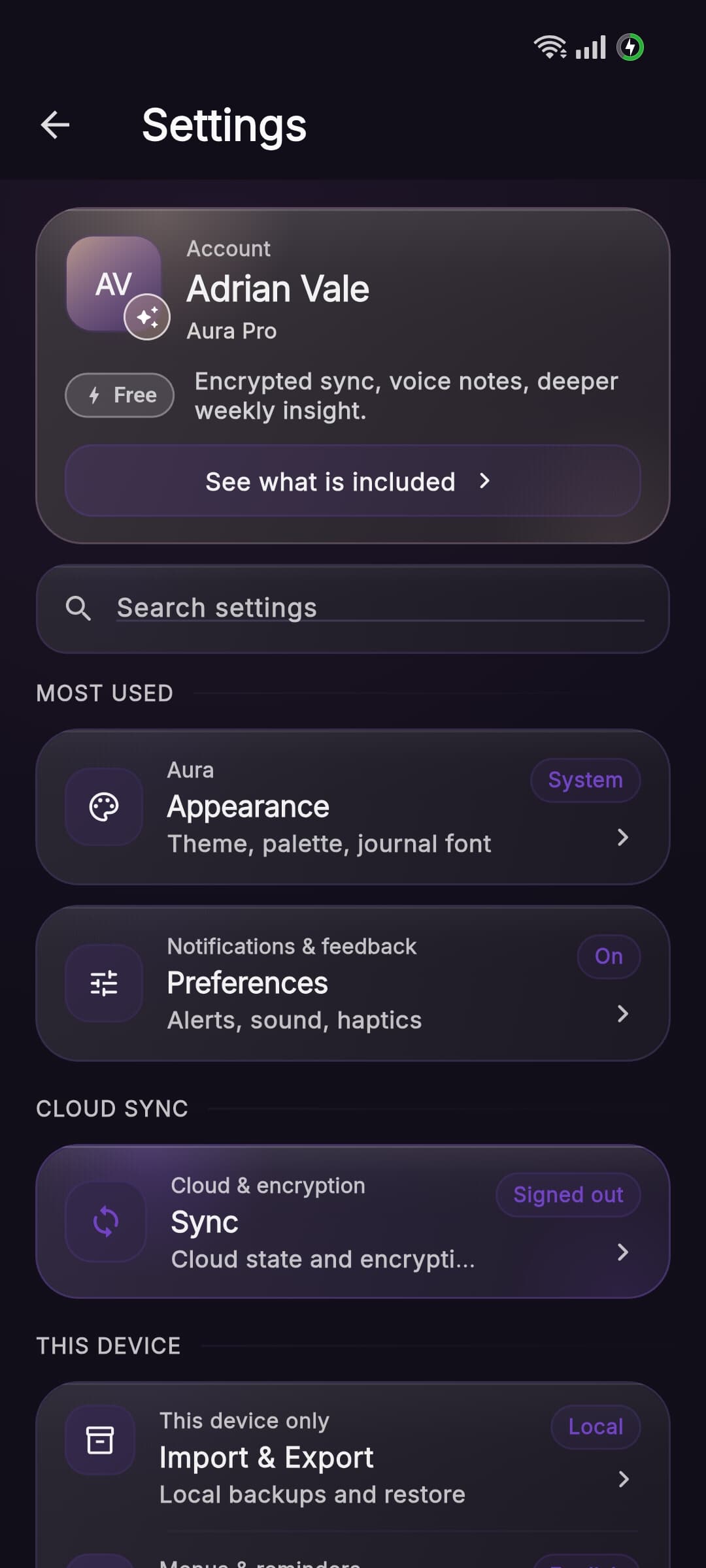 Aura settings with account, Pro, appearance, and controls